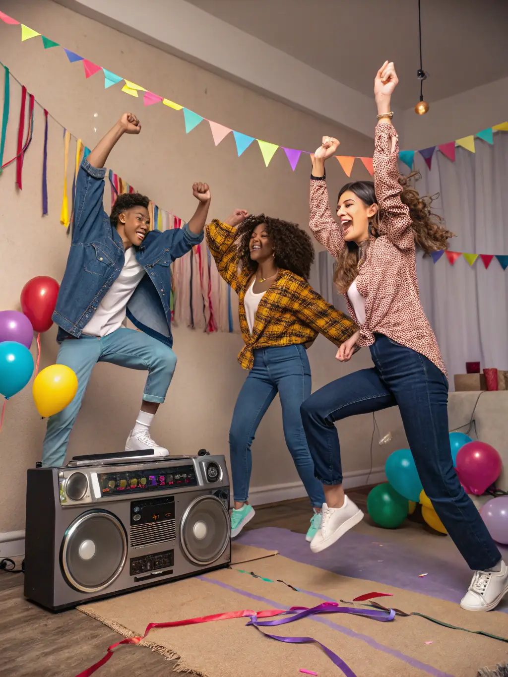 A vibrant party scene with people dancing and a DJ mixing music, creating an energetic and fun atmosphere. Colorful lights and decorations enhance the party vibe.